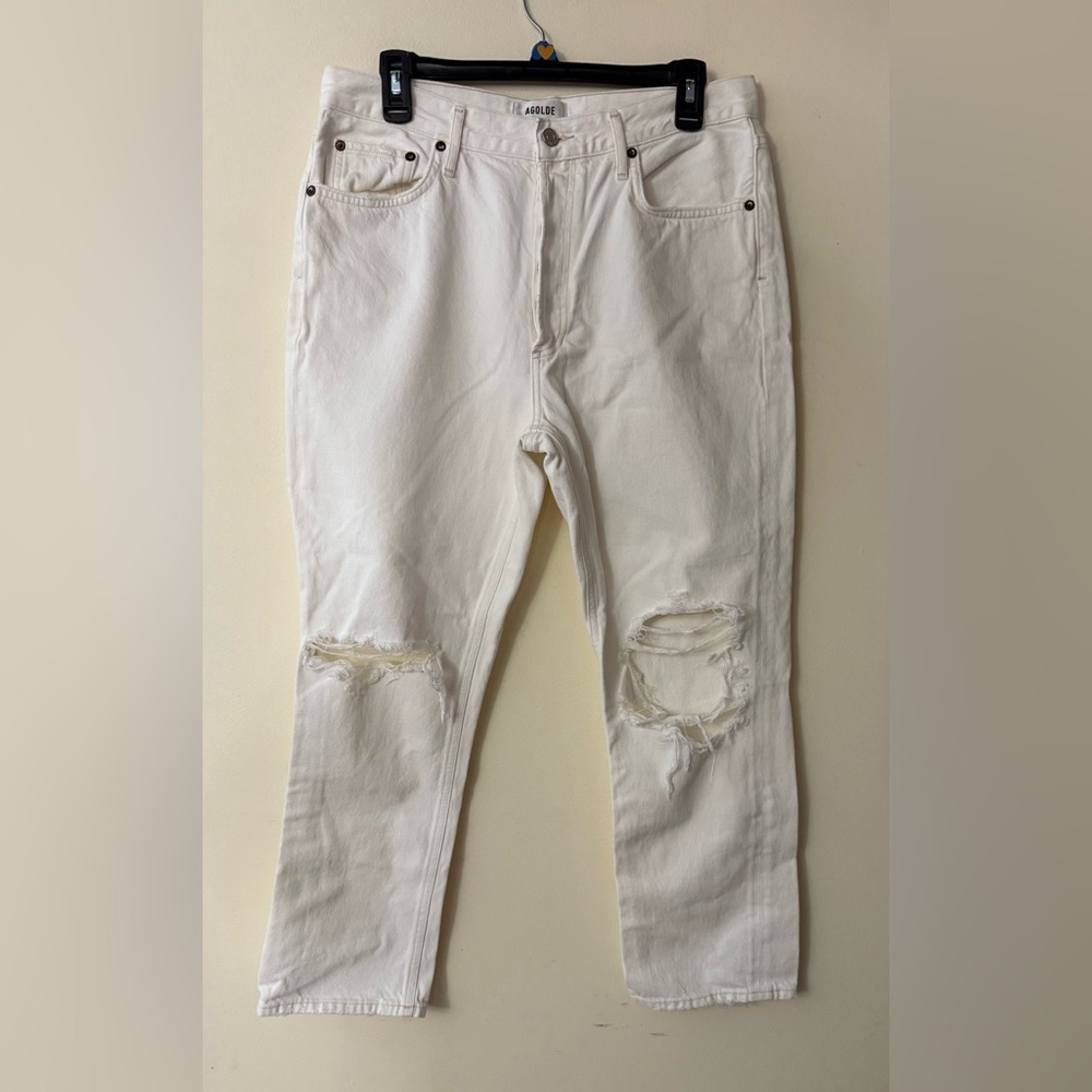AGOLDE Riley High Rise Straight Jeans, color Sour Cream, Distressed Knees, sz 31